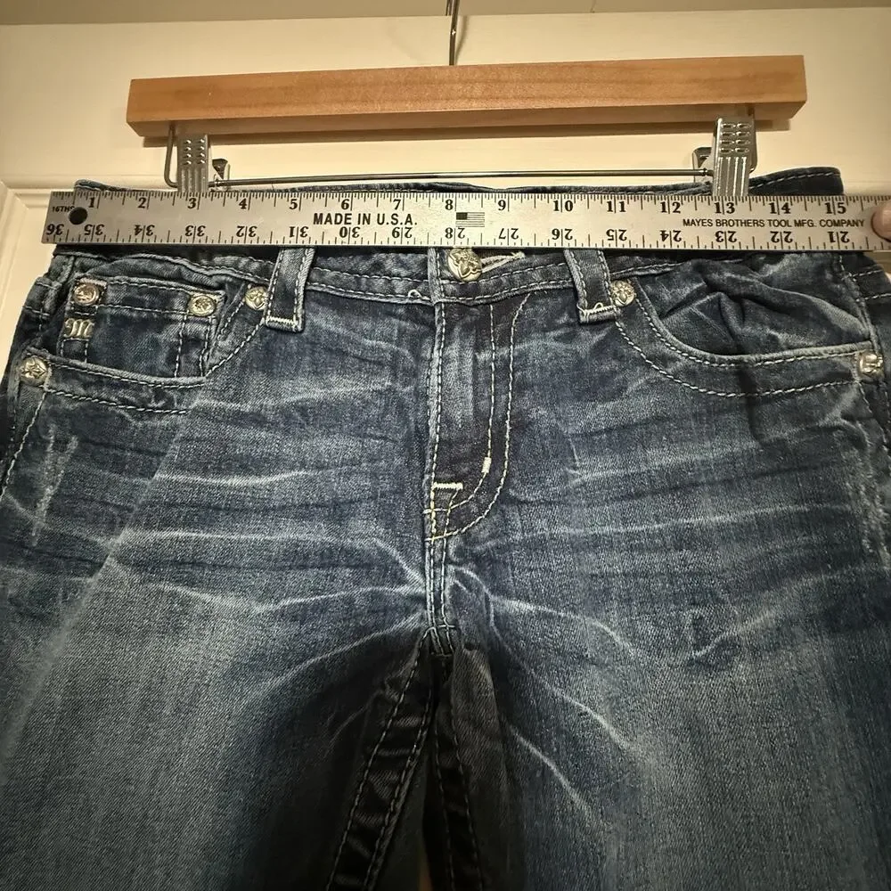 Y2k Miss Me Jeans VTG Low Rise SIZE 29 Fleur De Lis Whiskered Fadeed Bootcut Wmn